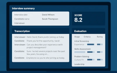 HR dashboard showing AI transcription, summarization, and candidate scoring based on custom interview evaluation criteria.