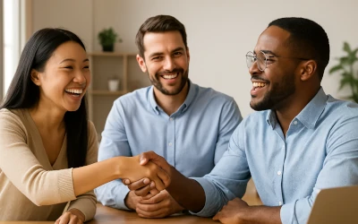 Diverse hiring team welcoming a new employee after successful AI-assisted job interview and candidate evaluation process.