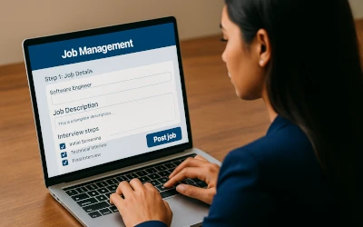 Professional woman using AI-powered recruitment software to create a new job opening on her laptop.