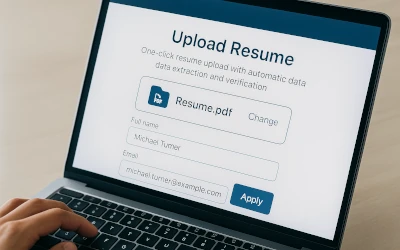 Job candidate uploading resume for automatic data extraction and application verification on an AI hiring platform.