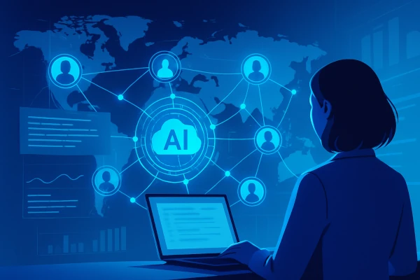 Futuristic representation of AI-powered hiring technology connecting global talent