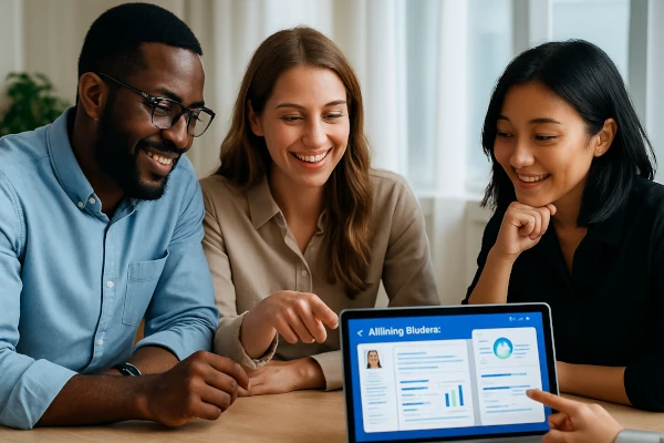 Diverse team of professionals collaborating on hiring decisions using AI technology